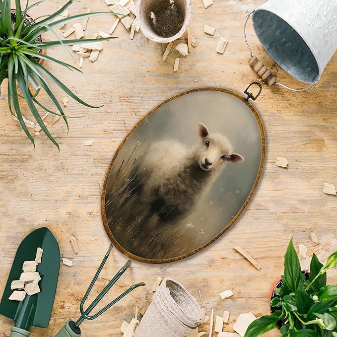 Hiuwevt Vintage Sheep Oval Wall Art Decor, Neutral Cottagecore Lamb Framed Canvas Prints, Rustic Farmhouse Animal Oval Wall Hanging Decor for Farm Home Bedroom Decorations, 8.6x11.4 Inches