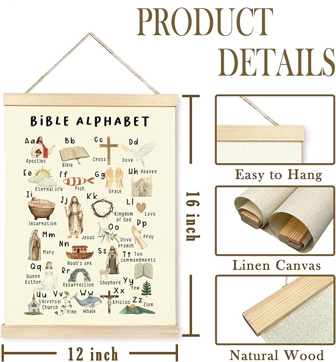 CGBHW Christian Bible Alphabet Poster Hanger Frame, Scripture Learning Educational ABC Posters Wall Art Hanging Decor for Toddler Kids Room Classroom Playroom Nursery Preschool，12x16Inch