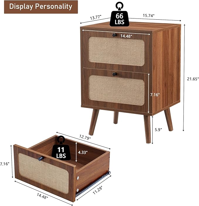 16" Wood Nightstand Set of 2, Farmhouse End Table with 2 Storage Drawer, Mid-Century Modern Bedside Table with Linen Decor, Minimalist Night Stand for Living Room, Bedroom & Small Space (Walnut)
