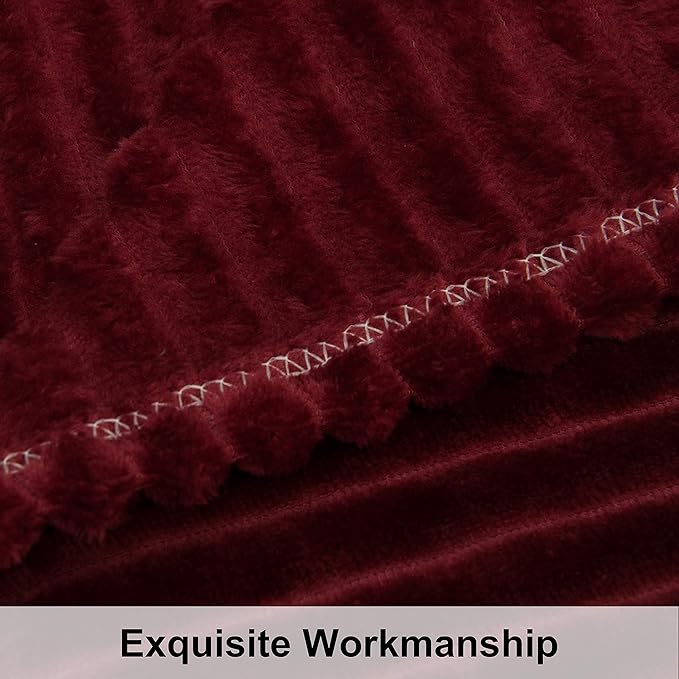 NTBAY Plush Flannel Twin Bed Blanket, 60X80 Inches Soft and Warm Lightweight Blanket with Striped Texture Bed Blanket for Couch Sofa Bed All Seasons, 60"x80", Wine Red