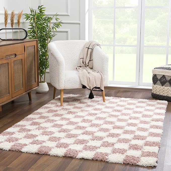 BoutiqueRugs Atira Pink Checkered Shag Area Rug - Cream, Rose Gold - 18" x 18" Sample