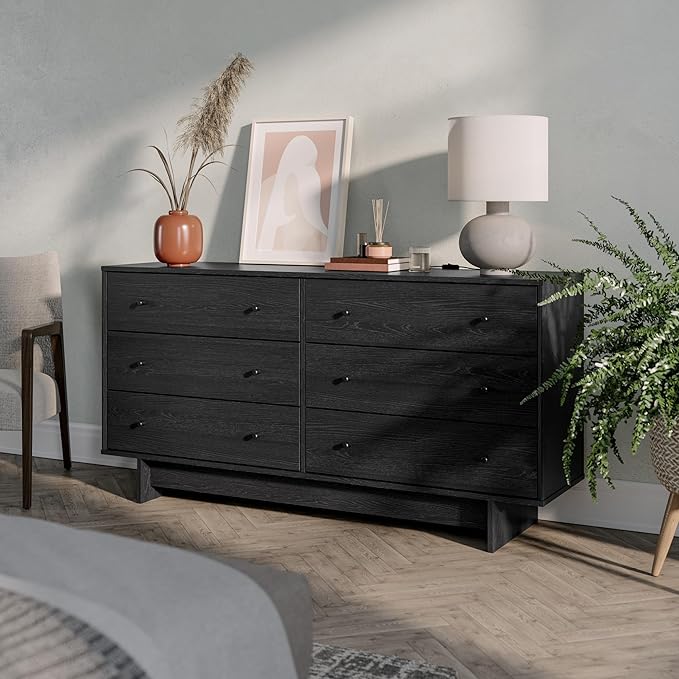 Prepac Finnley 6-Drawer Dresser in Black Oak, Dresser for Bedroom, Extra-Wide Chest of Drawers with Storage, Modern Clothing Organizer for Home, Bedroom, Living Room, 16" D x 61" W x 31" H