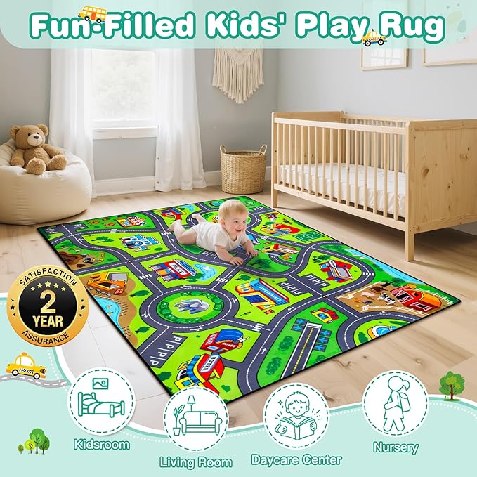 Road Car Rug, 5x7 Ft City Road Rug for Kids, Extra Thick (0.4in) Kids Play Rug Mat and Car Carpet with Realistic Colors - Perfect for Children, Soft and Non-Slip for Playroom and Bedroom
