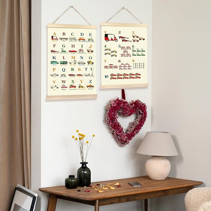Hiuwevt Transportation Alphabet Numbers Poster Hanger Frame, Nursery Wall Decor, Vehicle ABC 123 Educational Wall Art Decor for Classroom Kids Room Home, 12x16 Inch Set of 2