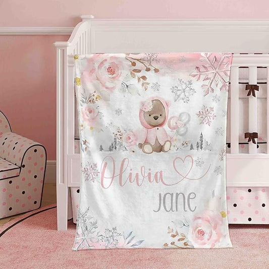 Personalized Baby's First Christmas Blanket, Custom Floral Teddy Bear Baby Name Christmas Blanket, Soft Fleece Or Sherpa Throw, Baby Shower, Made in USA
