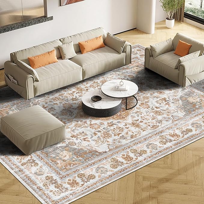 Vhong Boho Area Rugs Vintage Washable Modern Neutral Large Carpet Brown and Grey 8×10 High Traffic Rugs for Dinning Room Living Room Bedroom Farmhouse Non Slip