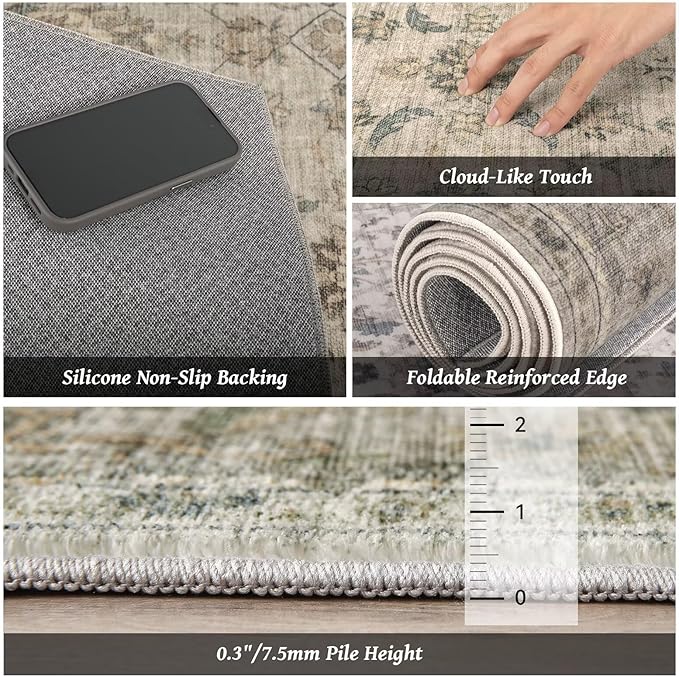 Washable 10x14 Area Rugs for Living Room, Boho Non-Slip Vintage Distress Large Rugs for Bedroom Dining Room Office, 0.3" Neutral Oriental Throw Thin Carpet, Flaxen/Brown/Multi