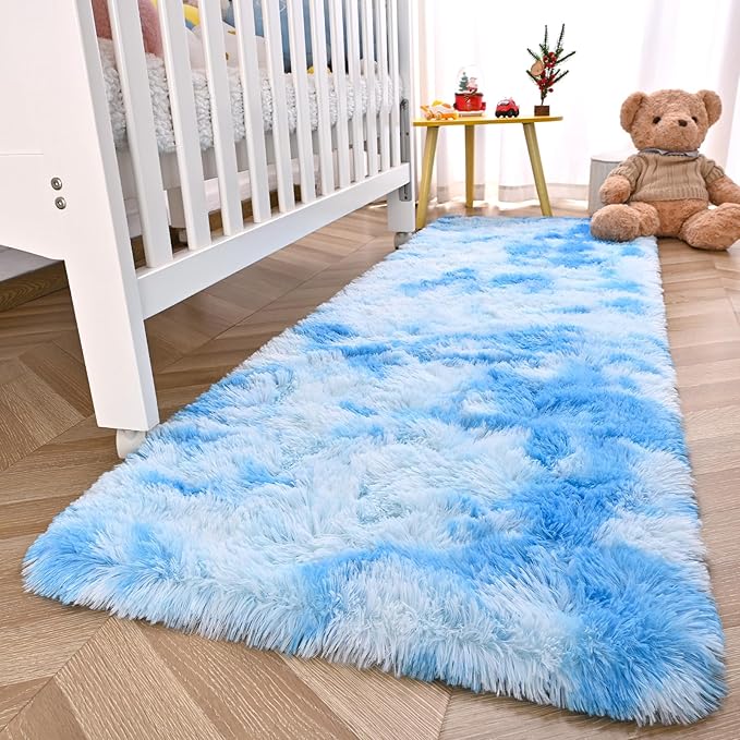 DweIke Fluffy Blue Runner Rugs for Bedroom, 2x6 Feet Soft Plush Long Light SkyBlue Runners for Girls Boys Kids, Non-Slip and Machine Washable Bedside Rug, Small Throw Carpet for Hallway Rooms Decor
