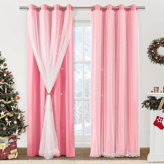 XiDi Pink Curtains for Girls Bedroom 84 Inches Long Blackout Nursery Curtains Double Layer with Sheer Overlay for Kids Toddler Princess Room Grommet Privacy Room Darkening Window Drapes 34 x 84 Inch