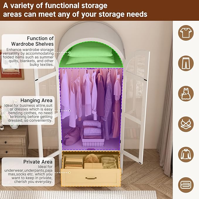 2 Doors Arched Armoire Wardrobe Closet w/Drawers,LED Light,Wooden Closet Wardrobe Cabinet with Hanging Rod for Bedroom,Modern Armoire Storage Cabinet w/Shelf,Antique White