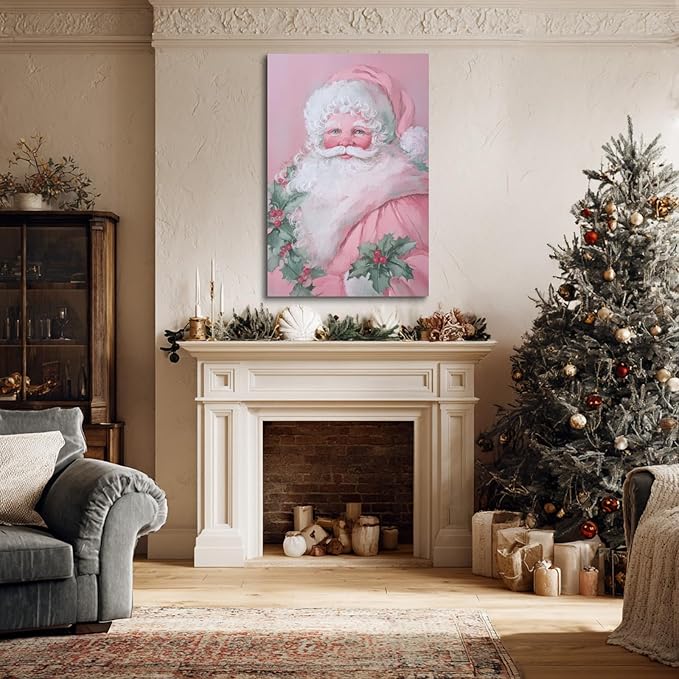 YONICA Christmas Canvas Wall Art Pink Santa 24x36 Inch Soft Pastel Holiday Art for Nursery - Large Framed Gallery Wrapped Kids Room Decor