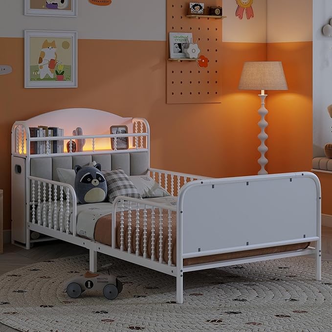 Ball & Cast Twin Size Toddler Bed W/LED Light,Metal Bed W/Storage Headboard & 2 3-Tiers Storage Shelves,Platform Bed Frame W/Safety Guardrails & Low Profile Design,for Boys Girls,White