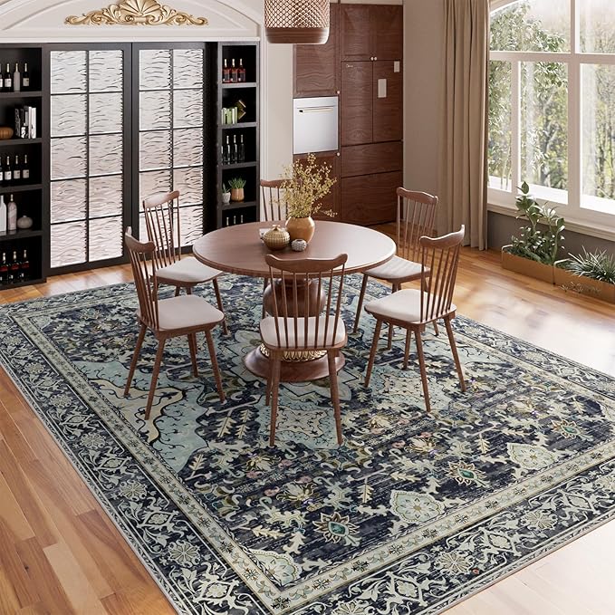 AMTOVO 8x10 Area Rugs for Living Room, Large Non-Slip Washable Rug, Boho Vintage Retro Medallion Print Pattern Carpet for Bedroom Dining Room Home Office Nursery Dorm Farmhouse, Grayish Blue