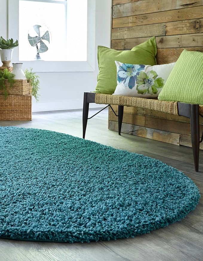 Unique Loom Solid Shag Collection Area Rug (5' 3" x 8' Oval, Deep Aqua Blue)