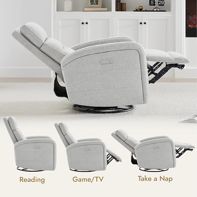 Watson & Whitely Swivel Power Recliner Glider Rocker, Small Recliner with Charging Port for Living Room, Fabric in Dove Grey