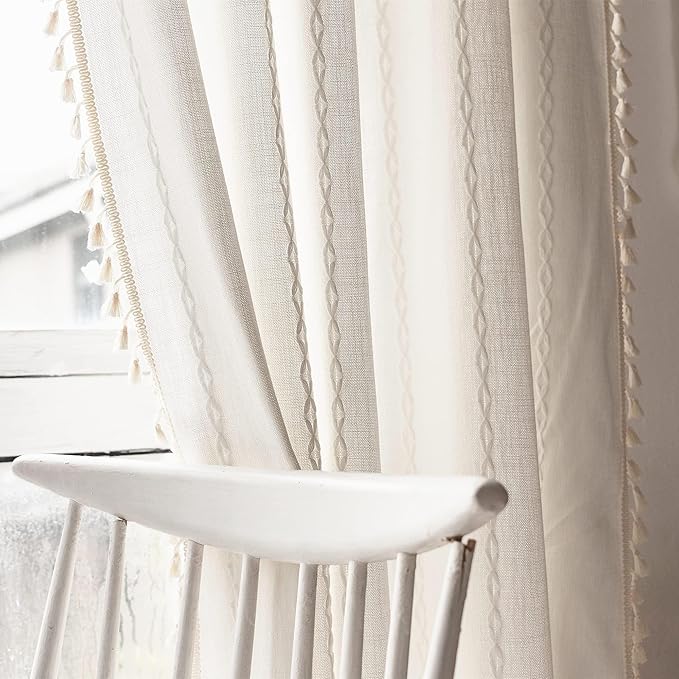 Deeprove White Boho Curtains 90 inches Length for Living Room Bedroom Nursery, Vintage Bohemian 90 inches Long Embroidery Farmhouse Light Filter Country Tassel Window Treatments, W52 x L90, 1 Panel