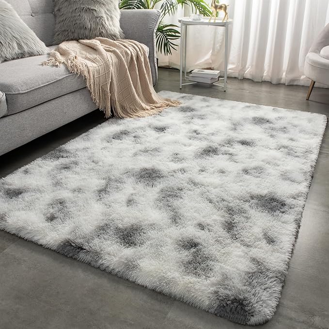 Merelax 4x6 Fluffy Soft Rugs for Bedroom Livingroom, Tie-Dyed White Grey Shaggy Area Rug, Abstract Bedside Rug Fuzzy Plush Carpet Comfy Nursery Rug for Kids Bedroom Dorm Indoor Home Decor Aesthetic