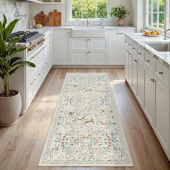 Runner Rug Washable Runners Kitchen Rugs Non Slip Animal Floral Carpet Low Pile for Indoor Hallways Entryway Living Room Bedroom Laundry Soft Mat 2'6''x8' Beige
