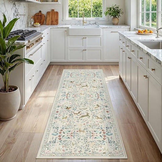 Runner Rug Washable Runners Kitchen Rugs Non Slip Animal Floral Carpet Low Pile for Indoor Hallways Entryway Living Room Bedroom Laundry Soft Mat 2'6''x8' Beige