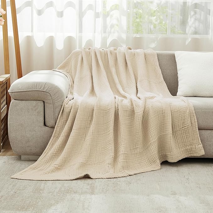 EMME Cotton Bed Blanket Twin Size Soft Muslin Boho Bedding Lightweight Breathable Light Tan Twin Blanket All Season Gauze