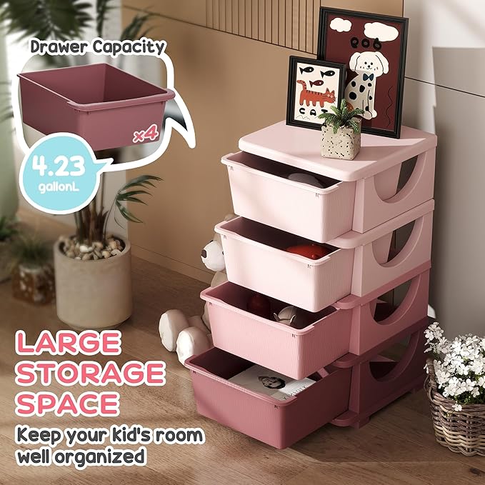 Qaba 4 Tier Kids Storage Unit, 4 Drawer Chest Toy Organizer Plastic Bins for Kids Bedroom Nursery Kindergarten Living Room for Boys Girls Toddlers, Pink