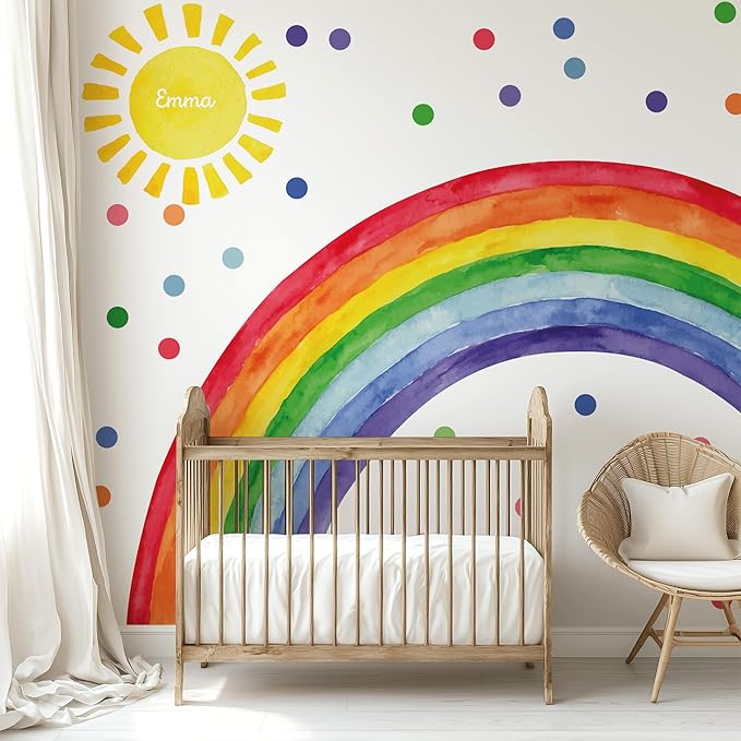 Watercolor Rainbow, Sun, Polka Dots Wall Decal for Kids Room, Nursery, Baby Room Decor, Polka Dots Mural, Rainbow Wallpaper (Vibrant Rainbow, XXLarge)