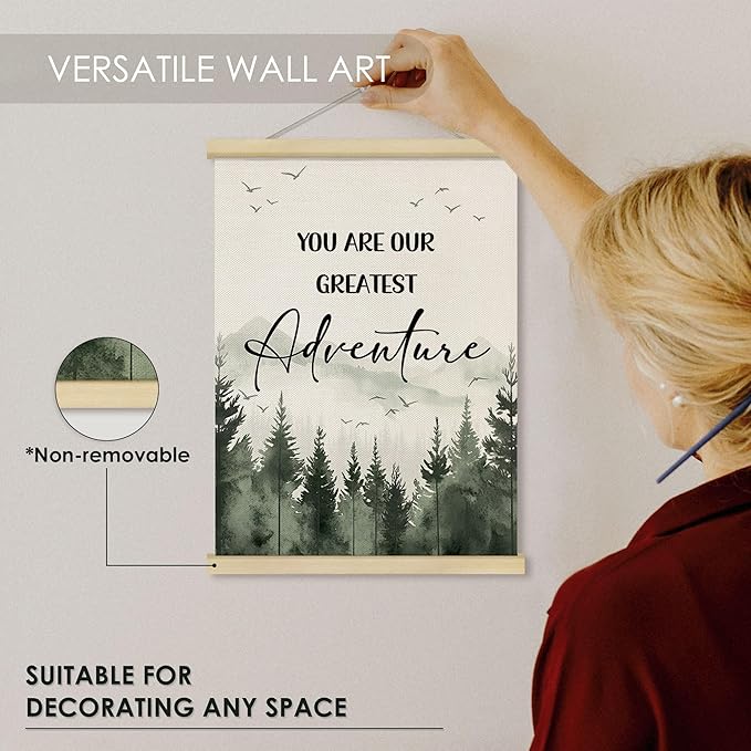 Fewgb Woodland Forest Mountain Wall Art Decor for Baby Nursery Kids Room Playroom, You Are Our Greatest Adventure Hanging Poster Framed Hanger, Sage Green Picture Prints 12x16