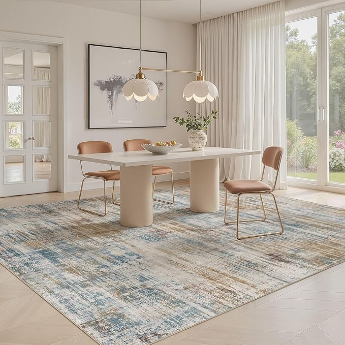 Area Rug for Living Room: 6x9 Washable Neutral Abstract Modern Soft Rugs Non Slip Indoor Floor Stain Resistant Large Carpet for Bedroom Dining Room Office Nursery - Blue Brown