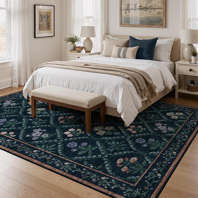 5x7 Washable Area Rug, Non Slip Vintage Floral Rug for Bedroom, Ultra-Thin Stain Resistant Floor Carpets Rugs for Living Room Dining Room Home Office,Dark Blue