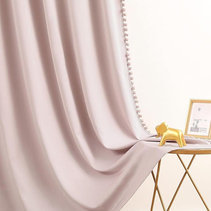 Pink Sliding Door Curtains 100x84inch Length 100% Blackout Extra Wide Pom Pom Room Divider Curtain Panels Thermal Insulated Patio Door Curtains for Kids Nursery Room 1 pc Blush Pink Grommet Top
