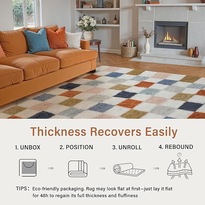 Checkered Area Rug 2x6 for Bedroom, Modern Rainbow Shag Rug Super Soft Runner Carpet Washable Fluffy Rugs for Living Room Bedside Sofa Home Dorm Decor Aesthetic