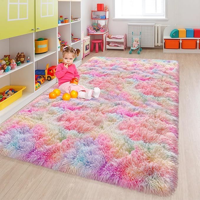 Cute Unicorn Rug for Girls Bedroom, 6x9 Plush Fluffy Princess Rainbow Area Rug for Girls Room Soft Big Shag Carpet for Living Room Baby Toddler Kids Room Colorful Kawaii Room Decor