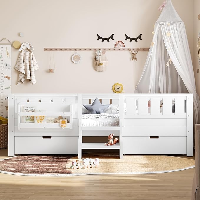 Bellemave Twin Bed with Slats and Stairs, Twin Size Platform Bed Frame with Fence, Bookshelf and Storage Drawers, Easy Assemble Beds for Kids, Girls, Boys, White