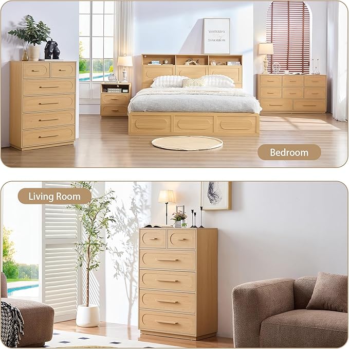 6 Drawers Dresser for Bedroom, 44" Tall Mid Century Modern Chest of Drawers with Solid Wood Handle, Large Wood Storage Dresser Organizer for Bedroom, Living Room, Natural Oak
