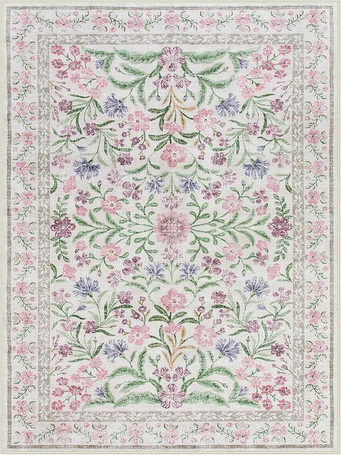 Lahome Purple Floral 9x12 Area Rug, Machine Washable Low Pile Nursery Girls Rug, Non-Slip Thin Carpet for Playroom Kids, Soft Boho Mat for Women Bedroom Decor