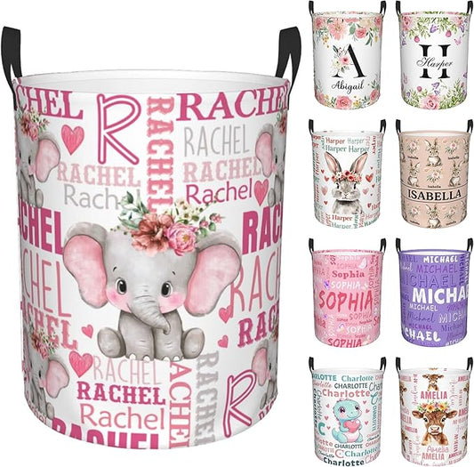 Custom Name Laundry Hamper, Personalized Elephant Laundry Basket with Name for Boys Girls Kids Men Women, Customized Name Dirty Clothes Basket Gifts for Clothes Toy Bathroom Bedroom Laundry Room Dorm