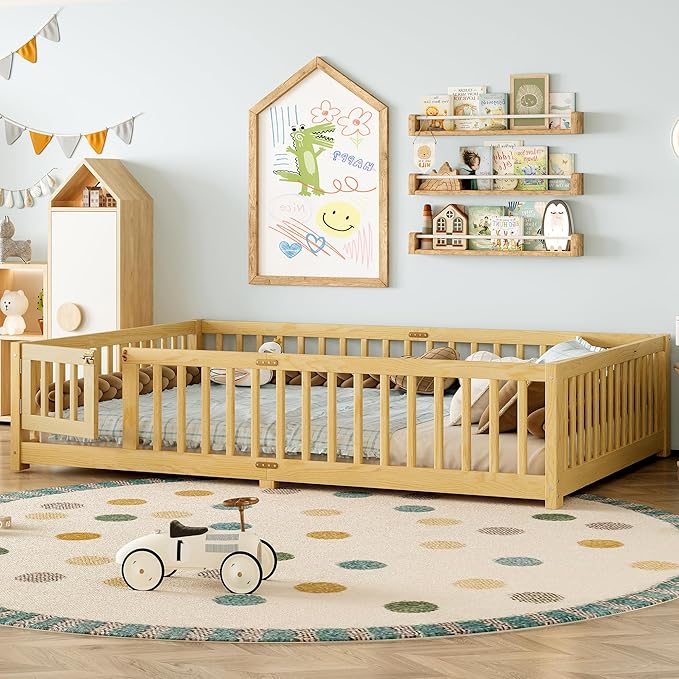 Bellemave Queen Size Floor Bed with Rails for Kids, Girls, Boys, Pine,Plywood Floor Bed with slats and Door, Natural