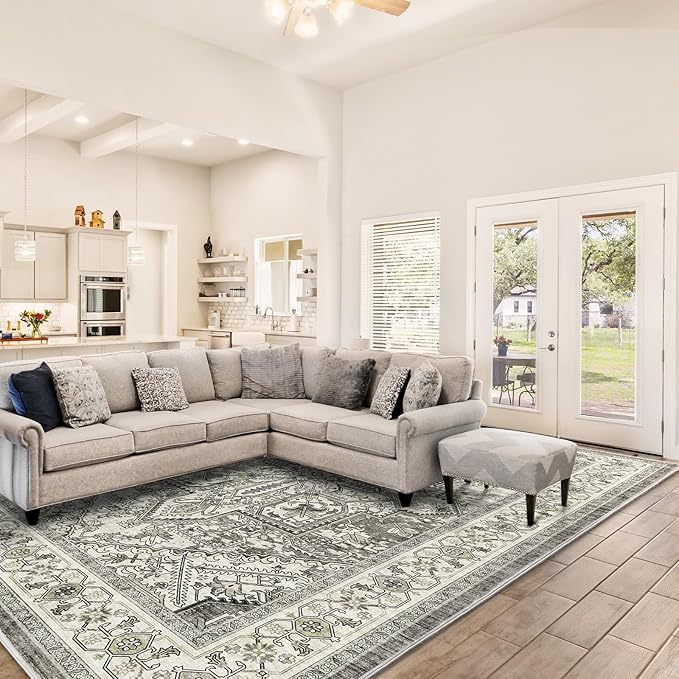 WITSHOCK Living Room Area Rugs 9x12: Washable Rug Boho Soft Non-Slip Low Pile Stain Resistant Foldable Carpet for Bedroom Playroom Dining Room Office Kitchen Farmhouse Home Decor Rug-Brown/Lvory