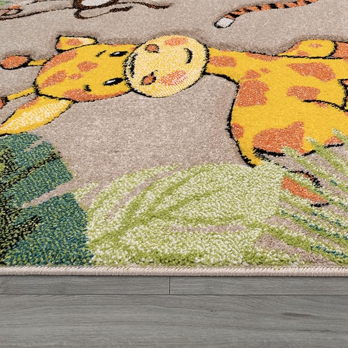 Paco Home Kids Rug Colorful Animals Giraffe Lion Monkey in Beige, Size: 6'7" x 9'6"