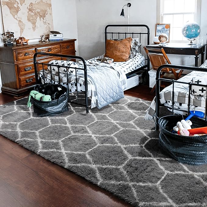 ONASAR Large Area Rugs for Living Room, 7x10 Grey and White Rug, Moroccan Thick Floor Mat for Bedroom Home Decor Aesthetic, Soft Fuzzy Shaggy Plush Fluffy Geometric Carpet for Dorm Classroom