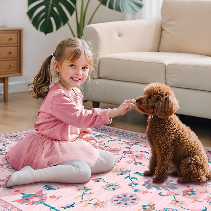 Tangsoo 3x5 Pink Small Area Rug for Bedroom Girls, Non Slip Washable Cute Floral Rug for Nursery Bedside, Soft Low Pile Front Door Carpet Indoor Entrance Inside House Bathroom Classroom Teen Room