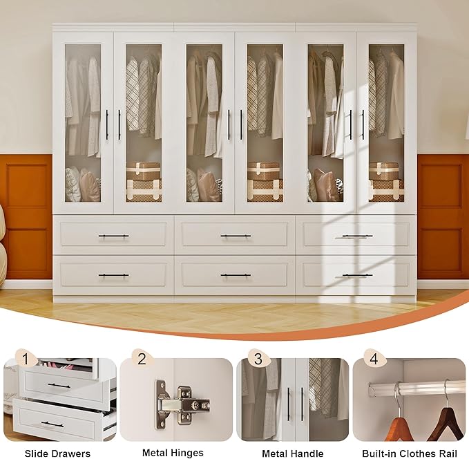 Armoire Wardrobe Closet with 6 Door: White Wood Wardrobe Closet Wooden Transparent Door 6 Drawer Cabinet Bedroom Armoire with Hanging Rods for Home/Bedroom/Living Room