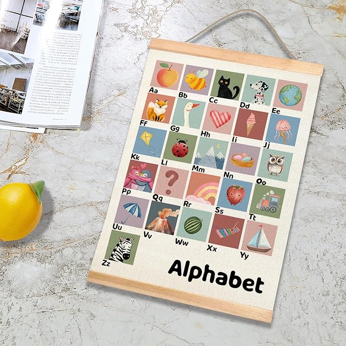 Kids Alphabet and Numbers Learning Posters Set of 2, Linen Canvas Educational Wall Art,Canvas Print Wall Hanging Posters, Cute Animal ABC 1-10 Numbers Charts for Nursery Playroom Preschool Classroom Decor, 18.5x14 Inch(Colorful-02)