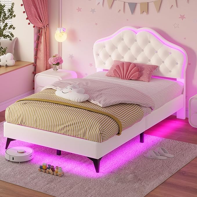 ADORNEVE Twin Bed Frame with RGB LED Lights, Princess Bed Frame with Adjustable Crystal Button Headboard, Velvet Upholstered Platform Bed for Girls, Solid Wooden Slats, Easy Assembly, Creamy White