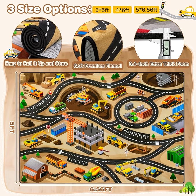 Kids 5x7 FT Construction Site Car Rug - Extra Thick (0.4in),Tufted Wool & Rubber, Non-Slip, Stain & Fade Resistant, Machine Washable, Rustic Cartoon Construction Site Pattern