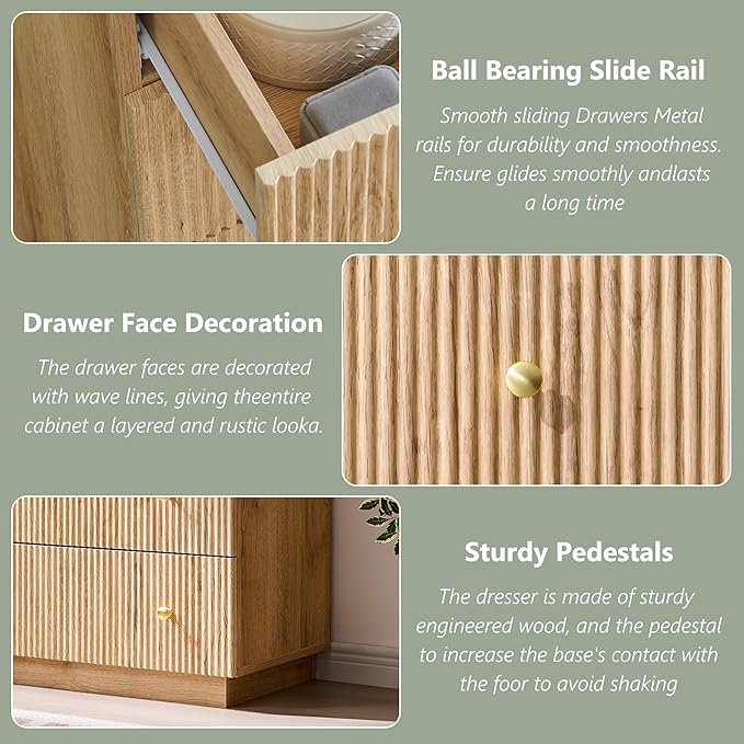 Fluted Dresser for Bedroom, 47" 6 Drawer Dressers, Wood Tall Dresser Storage Organizer, Modern Chest of Drawers with Deep Storage for Closet Hallway, Entryway, Living Room, Natural