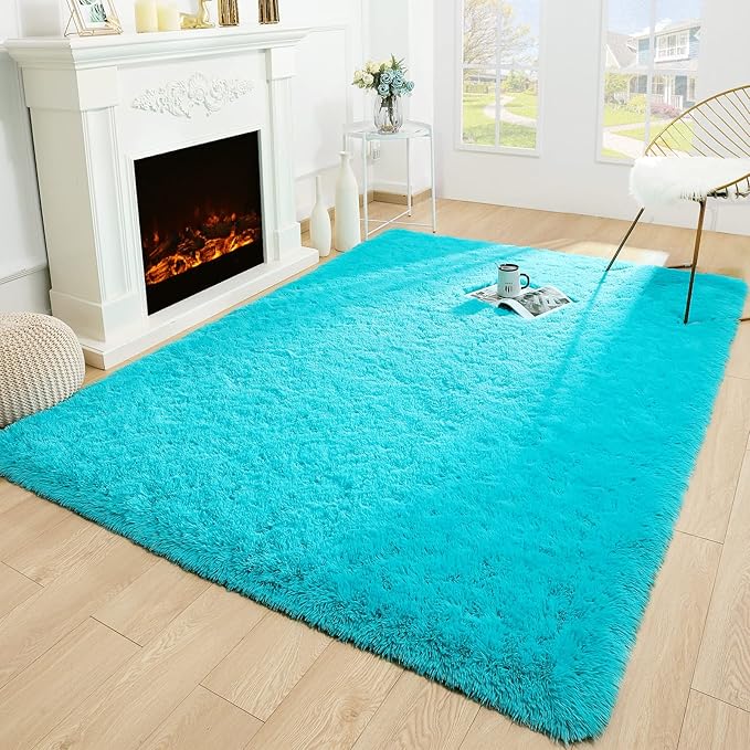 Merelax Soft Modern Indoor Large Shaggy Rug for Bedroom Livingroom Dorm Kids Room Home Decorative, Non-Slip Plush Fluffy Furry Fur Area Rugs Comfy Nursery Accent Floor Carpet 5x8 Feet, Teal Blue
