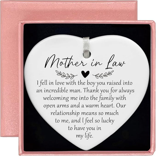 Heart Shaped Christmas Ornament-Mother of The Groom Gift from Bride-Bridal Shower Wedding Present for Mother in Law I Fell in Love with The Boy You Raised Ceramic Keepsake with Box
