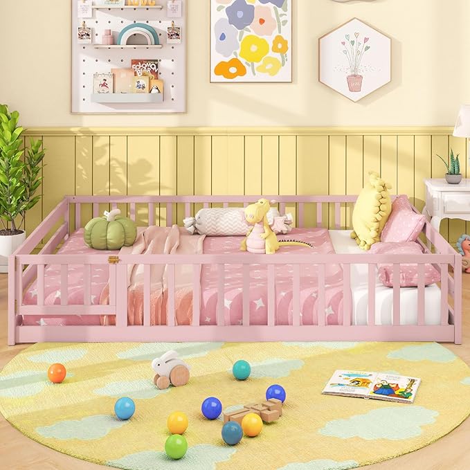 Giantex Full Floor Bed with Door & Fence, Kids Wood Montessori Beds with Safety Guardrails, Floor Bed Twin for Kids, Boys, Girls, No Box Spring Needed, Pink