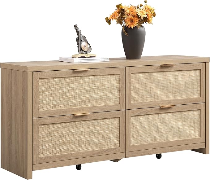 SICOTAS 60.8" Dresser for Bedroom, Rattan Boho Dresser with 4 Deep Drawers, Large Chest of Drawers for Closet,Nursery,Dressers TV Stand for Bedroom (Reclaimed Caramel Oak, 4 Drawers (1 pc))
